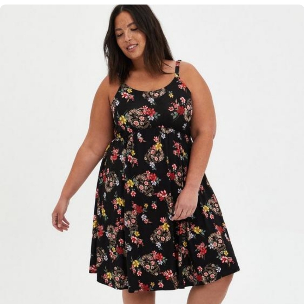 Skater Dress - Super Soft Black Floral + Skull Size 6